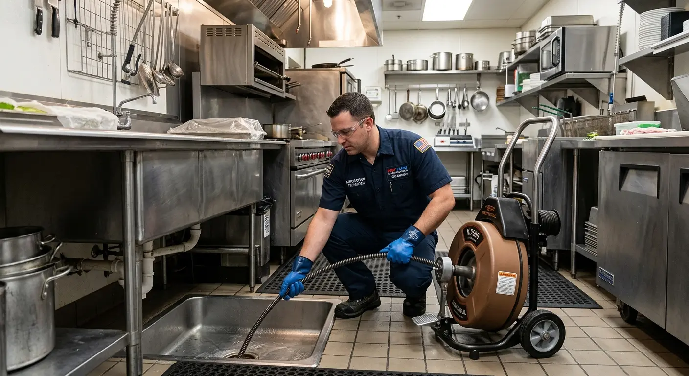 Commercial drain cleaning service in a restaurant kitchen in SeaTac