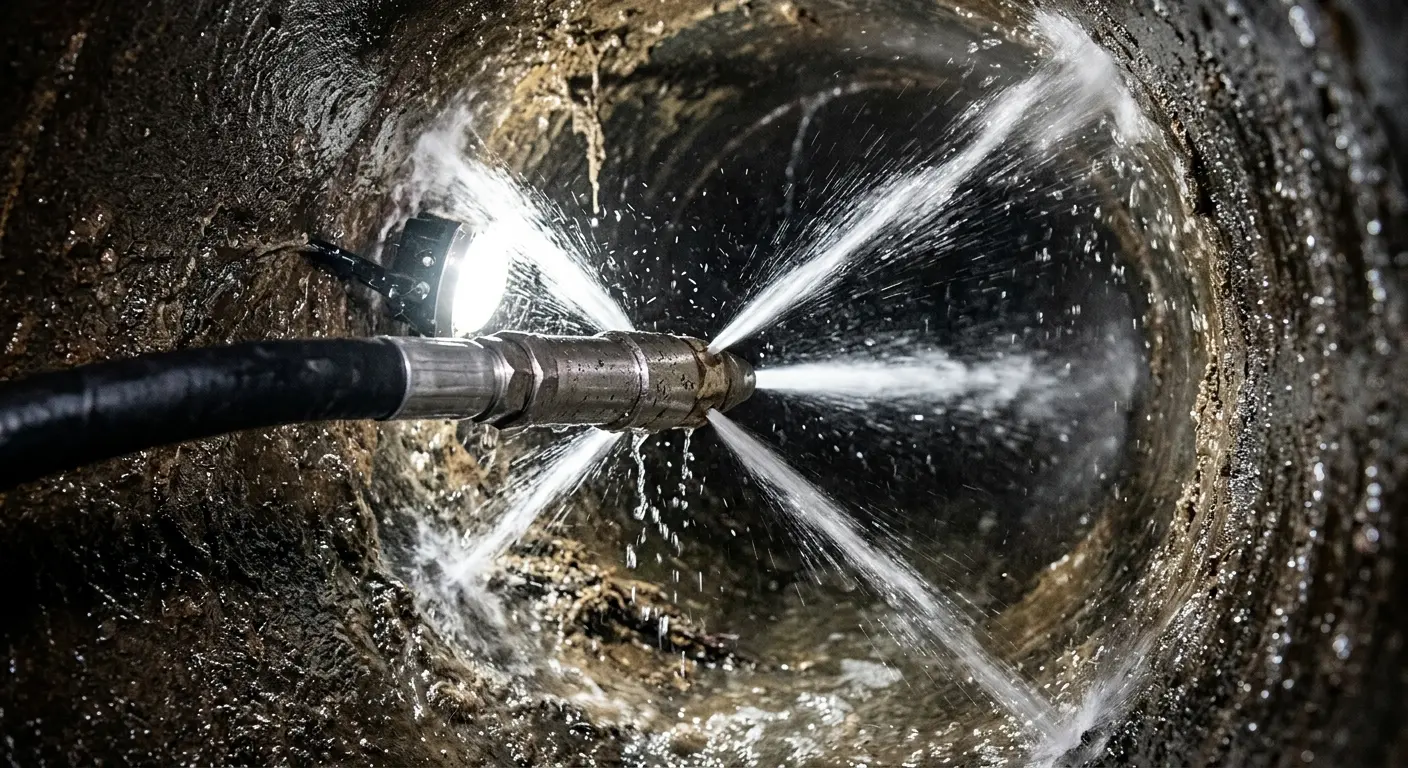 High-pressure hydro jetting nozzle cleaning sewer pipe for Emergency Drain Service in SeaTac