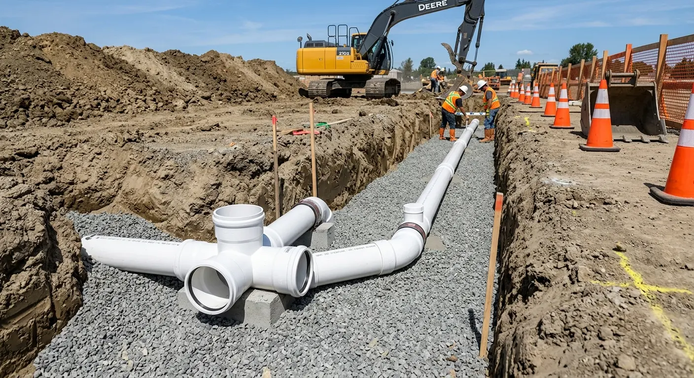 New PVC sewer pipe installation in open trench for Sewer Backup in SeaTac