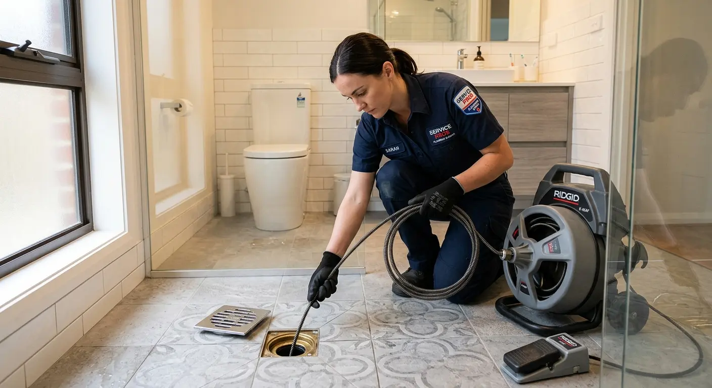 Technician clearing a bathroom floor drain for Sewer Line Replacement in SeaTac